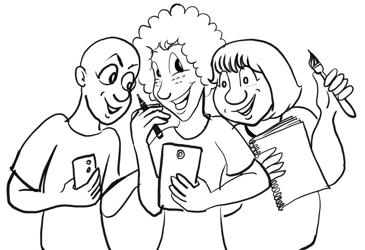 A drawing by Vas Littlecrow Wojtanowicz A caricature of three kids holding art supplies.